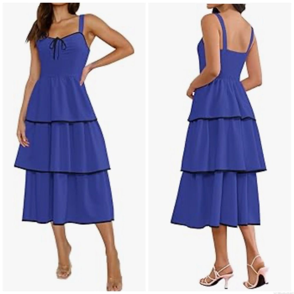 Elegant Blue Tiered Casual Flowy Tiered Swing Midi Dress Swing Dress